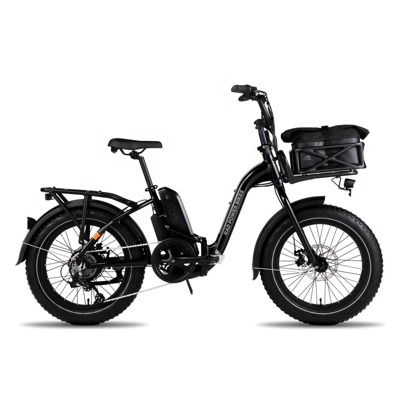 Image of the Small Basket Roll Top Liner in the front basket of a Rad ebike.