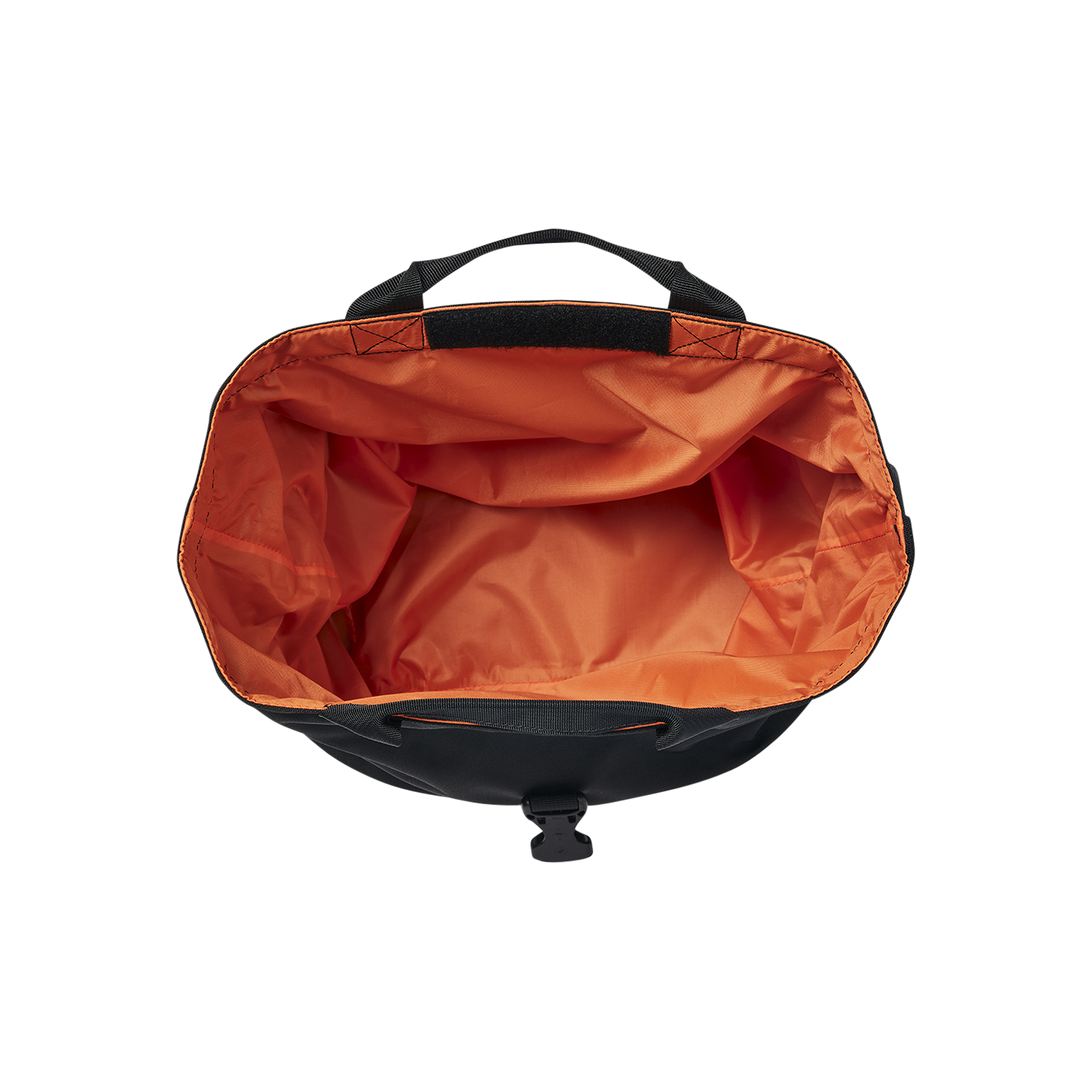 Image of the Small Basket Roll Top Liner with its top unrolled and opened, showing its Velcro on the top for securing and the orange fabric interior.