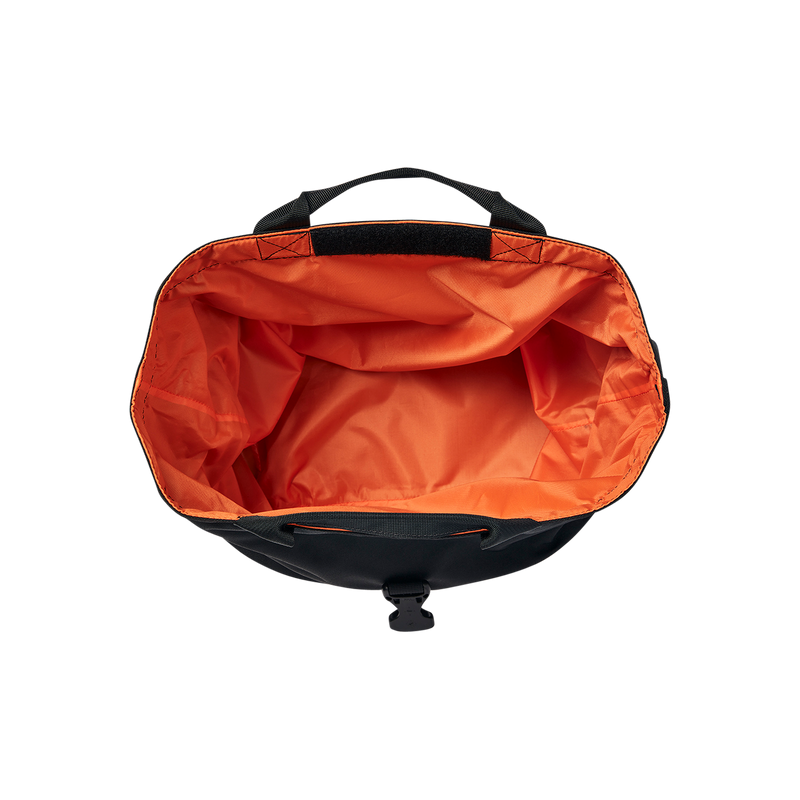Image of the Small Basket Roll Top Liner with its top unrolled and opened, showing its Velcro on the top for securing and the orange fabric interior.