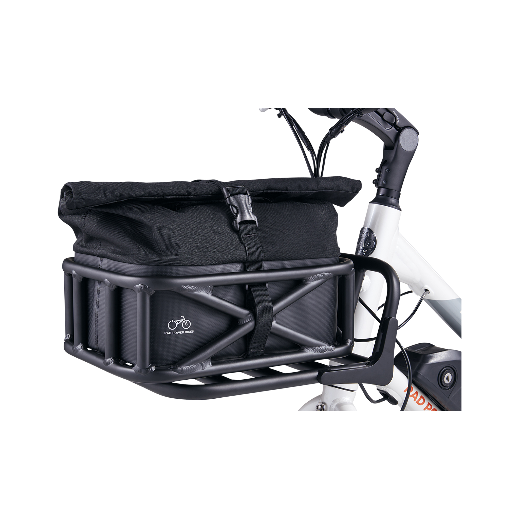 Close-up along the side of the Small Basket Roll Top Liner in the front basket of a Rad ebike. Its top is rolled up and buckled, securing it shut.