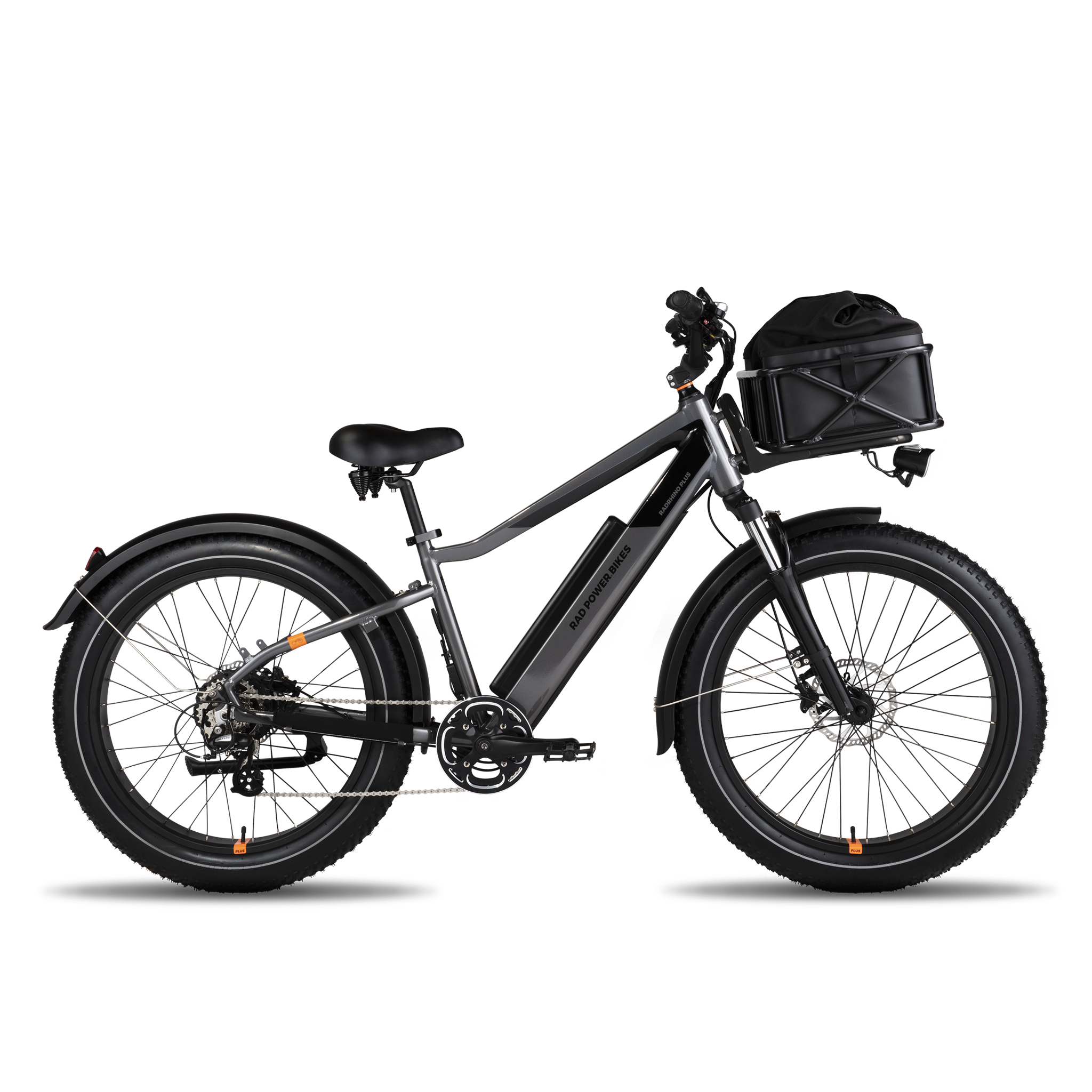 Image of the Large Basket Roll Top Liner inside the large basket that is mounted on the front rack of a Rad ebike.