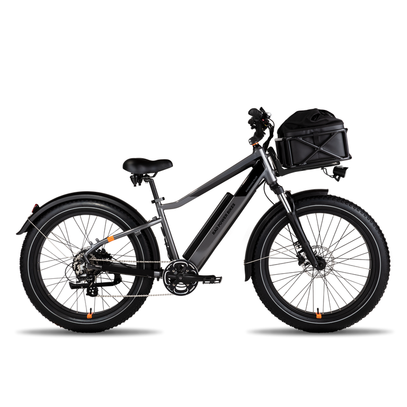 Image of the Large Basket Roll Top Liner inside the large basket that is mounted on the front rack of a Rad ebike.