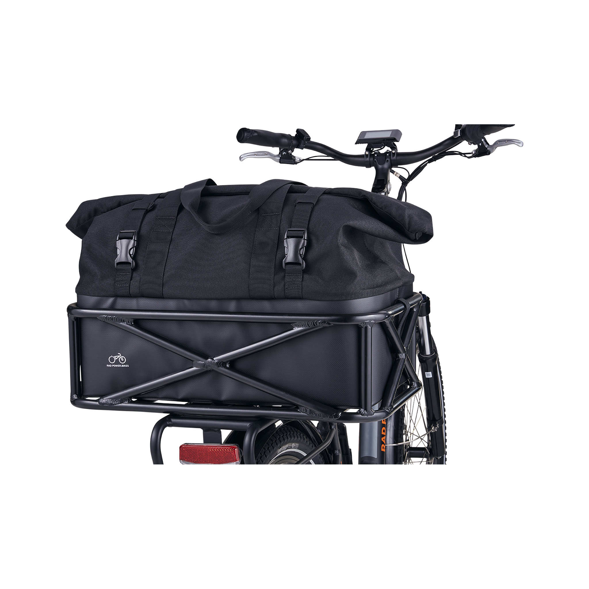 Close-up of the Large Basket Roll Top Liner inside the large basket that is mounted on the rear rack of a Rad ebike.
