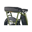 Side view of black RadRunner ebike with espresso Passenger Package seat on rear rack, clear plastic skirt covers near the rear wheel and retractable passenger foot pegs.