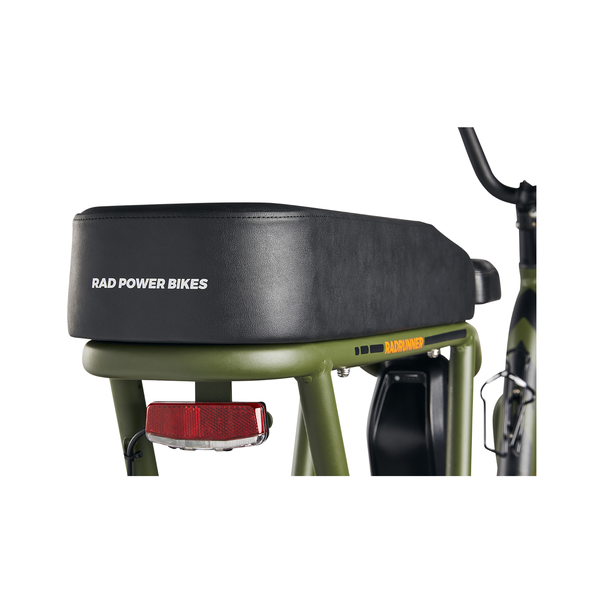 Rear view of black Passenger Package seat on green RadRunner ebike with Rad Power Bikes printed on the rear seat wall.