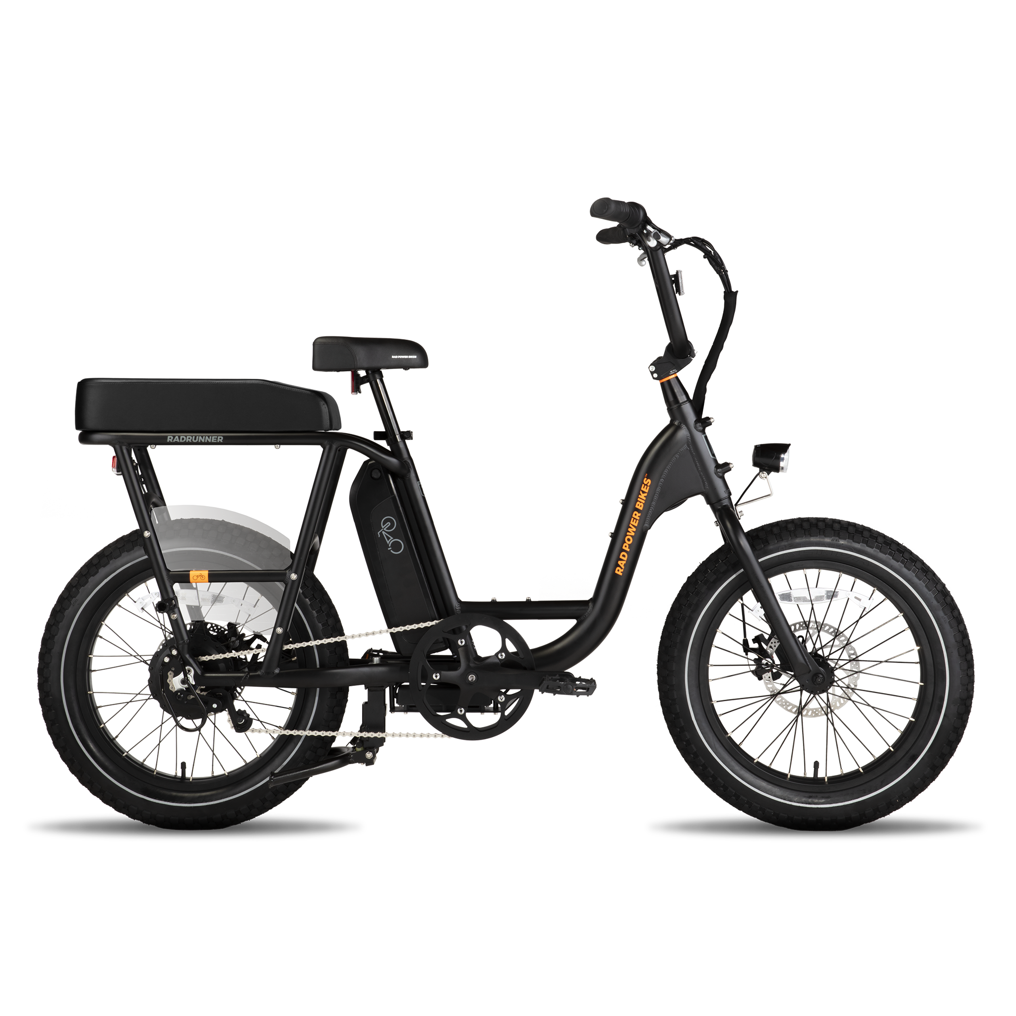 Side view of black RadRunner ebike with black Passenger Package seat on rear rack, clear plastic skirt covers near the rear wheel and retractable passenger foot pegs.