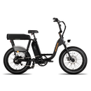 Side view of black RadRunner ebike with espresso Passenger Package seat on rear rack, clear plastic skirt covers near the rear wheel and retractable passenger foot pegs.