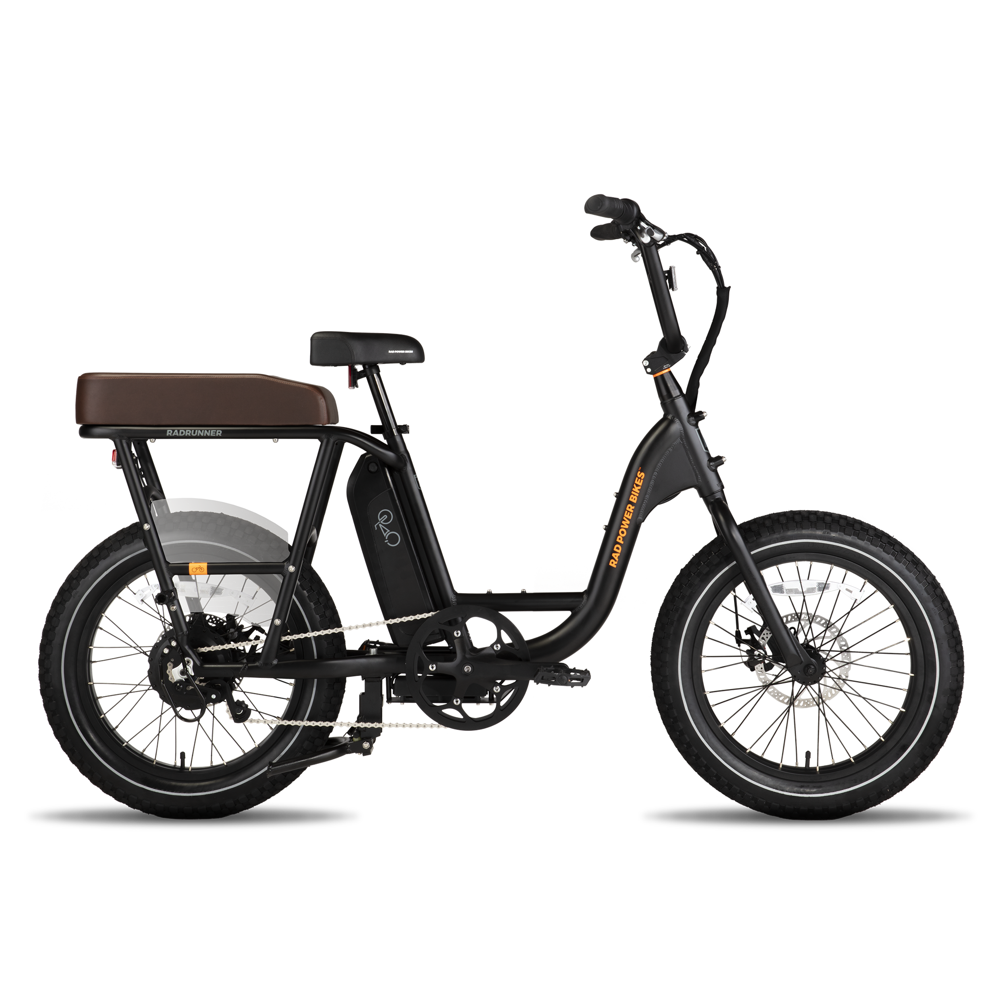 Side view of black RadRunner ebike with espresso Passenger Package seat on rear rack, clear plastic skirt covers near the rear wheel and retractable passenger foot pegs.