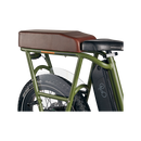 Side view of black RadRunner ebike with espresso Passenger Package seat on rear rack, clear plastic skirt covers near the rear wheel and retractable passenger foot pegs.