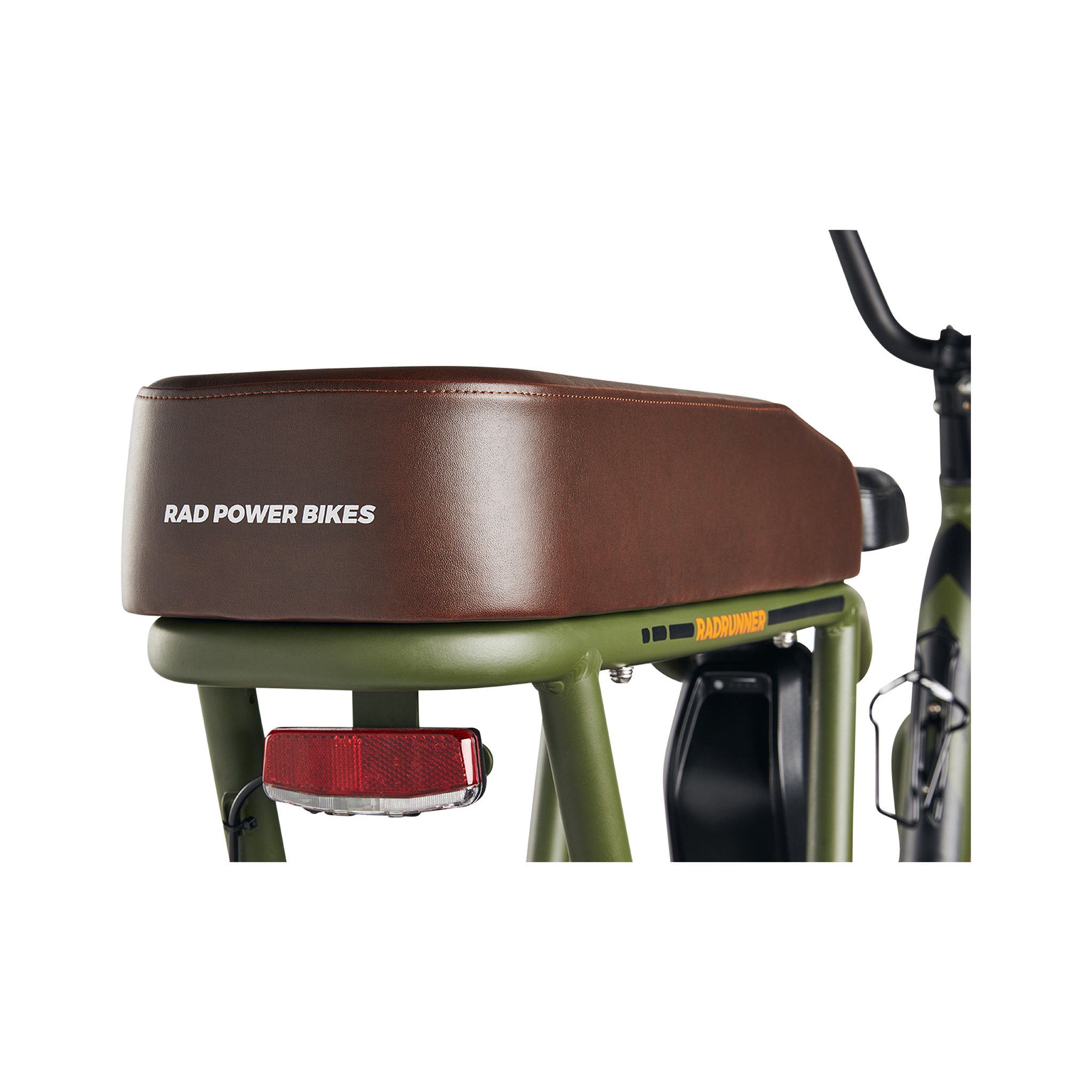 Rear view of espresso Passenger Package seat on green RadRunner ebike with Rad Power Bikes printed on the rear seat wall.