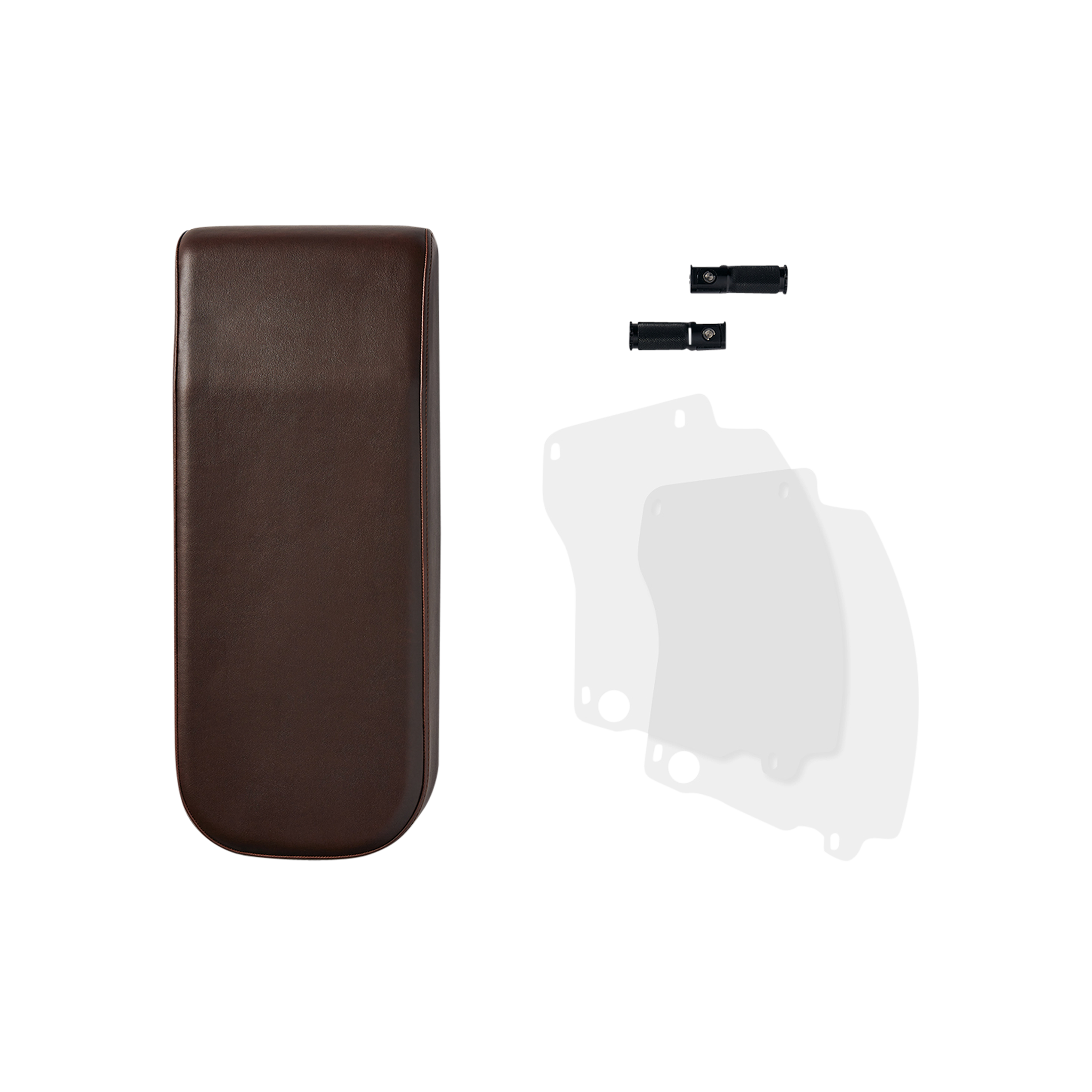 Top view of espresso Passenger Package seat, clear plastic skirt covers and foot pegs.