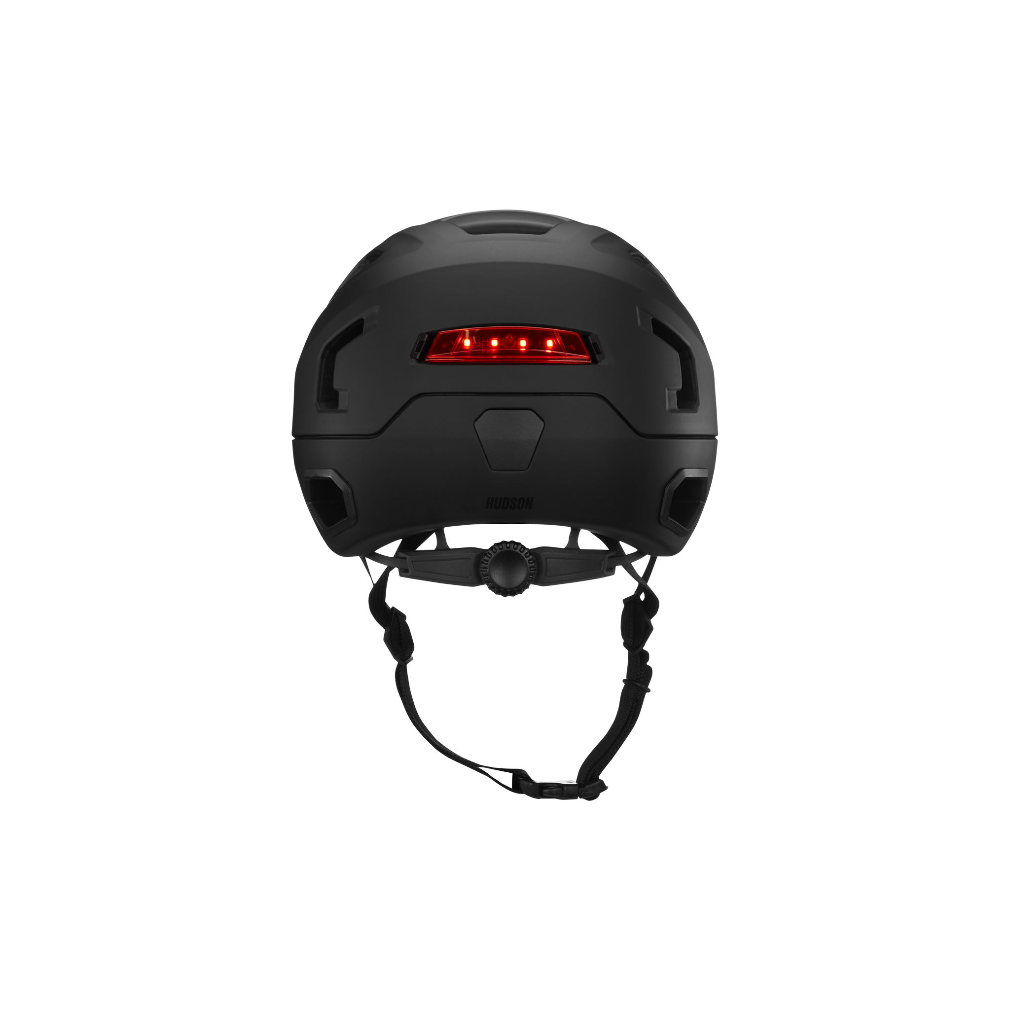 Back view of a black Hudson MIPS bike helmet with an integrated light.