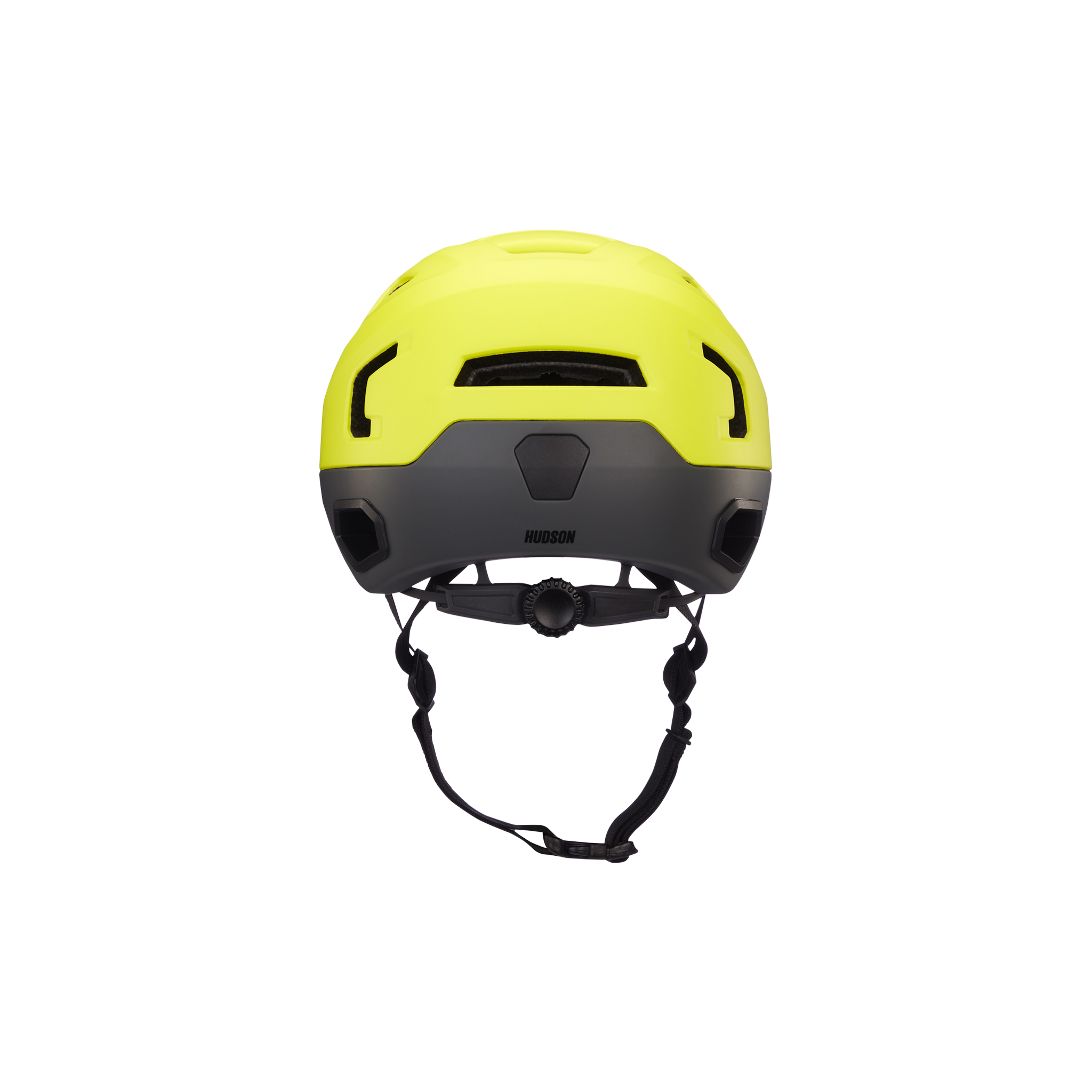 Rear view of a hyper green Hudson MIPS bike helmet.