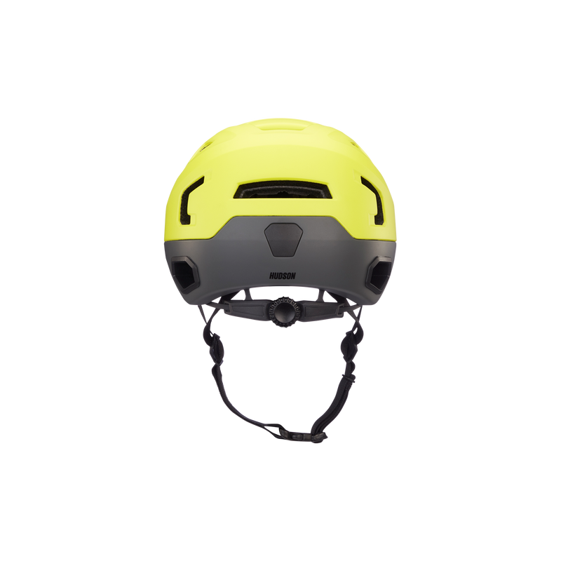 Rear view of a hyper green Hudson MIPS bike helmet.