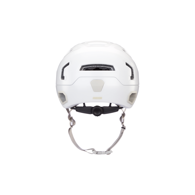 Back view of a white Hudson MIPS bike helmet.