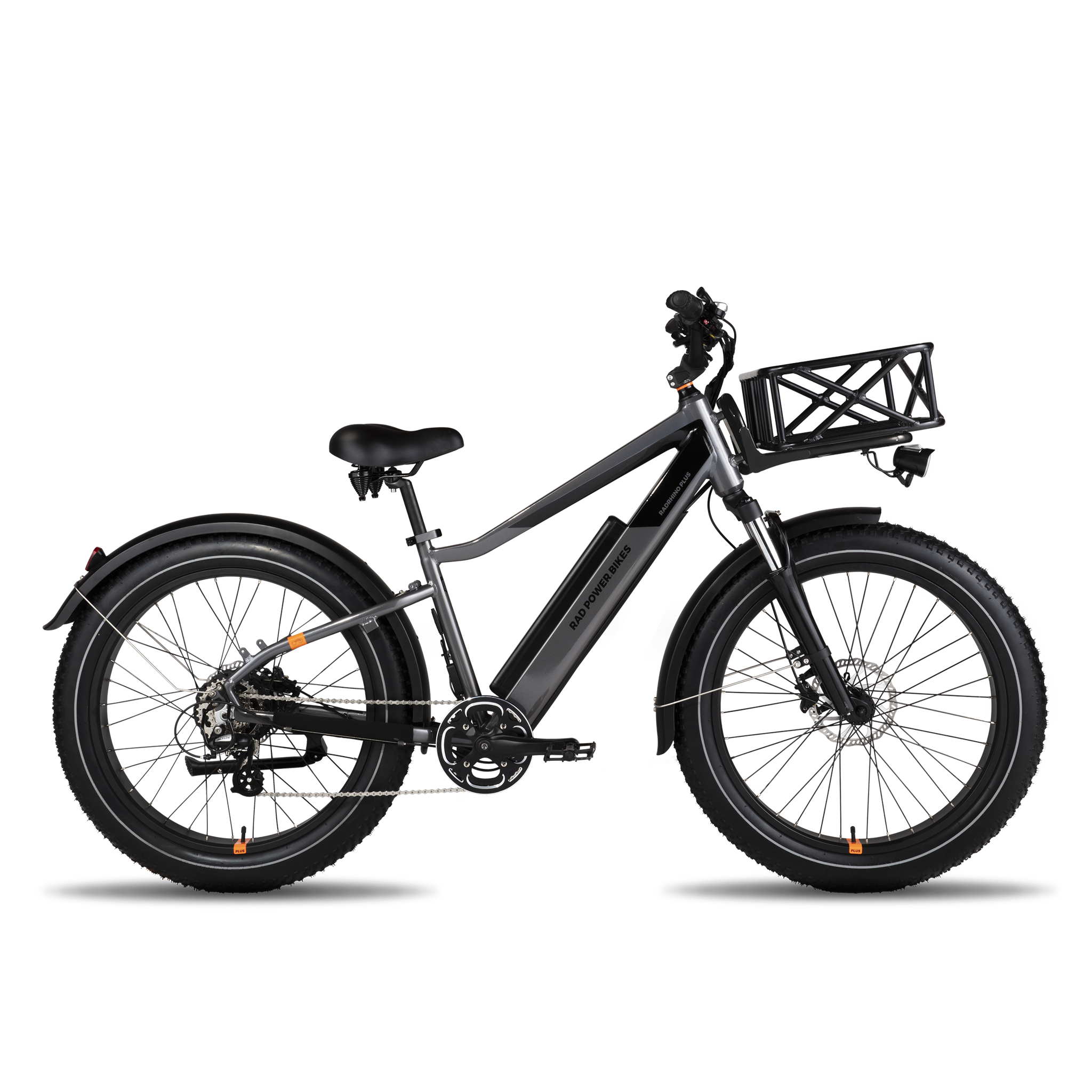 Side view of ebike with Large Basket attached  to a Front Rack. The basket is perpendicular to the ebike.