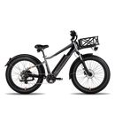 Side view of ebike with Large Basket attached  to a Front Rack. The basket is perpendicular to the ebike.