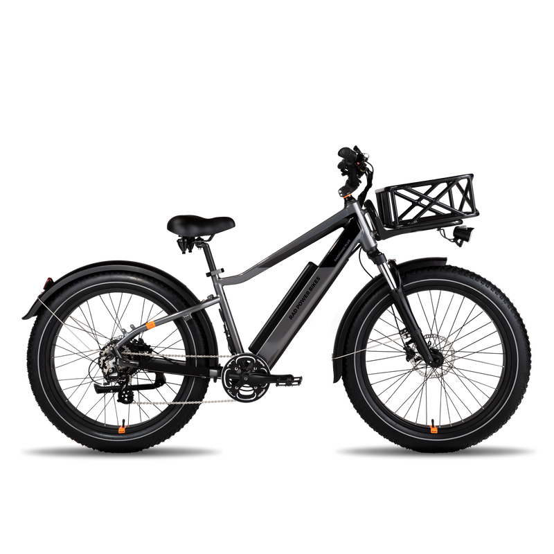 Side view of ebike with Large Basket attached  to a Front Rack. The basket is perpendicular to the ebike.