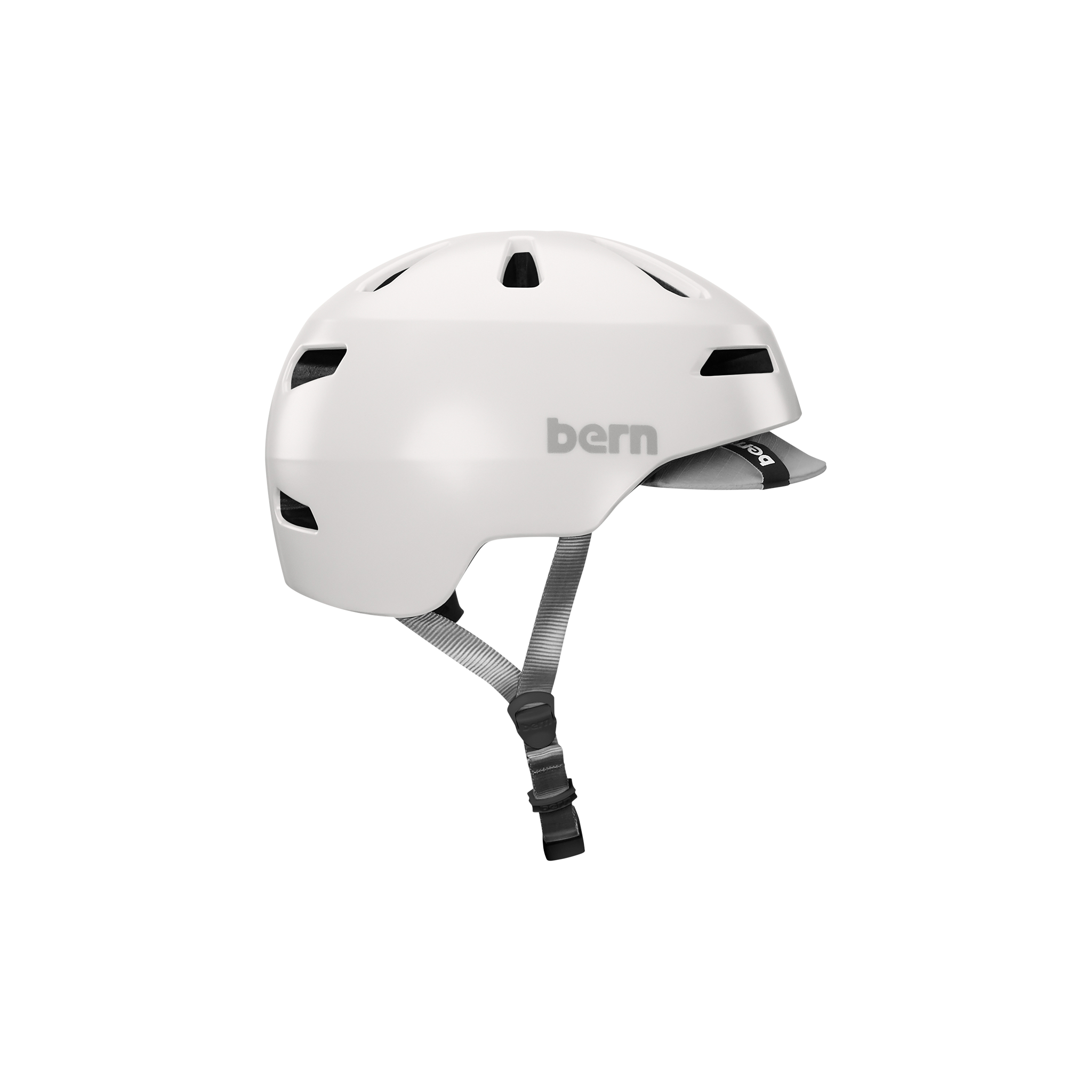 Side view of a Bern Brentwood helmet with MIPS protection in a satin white color