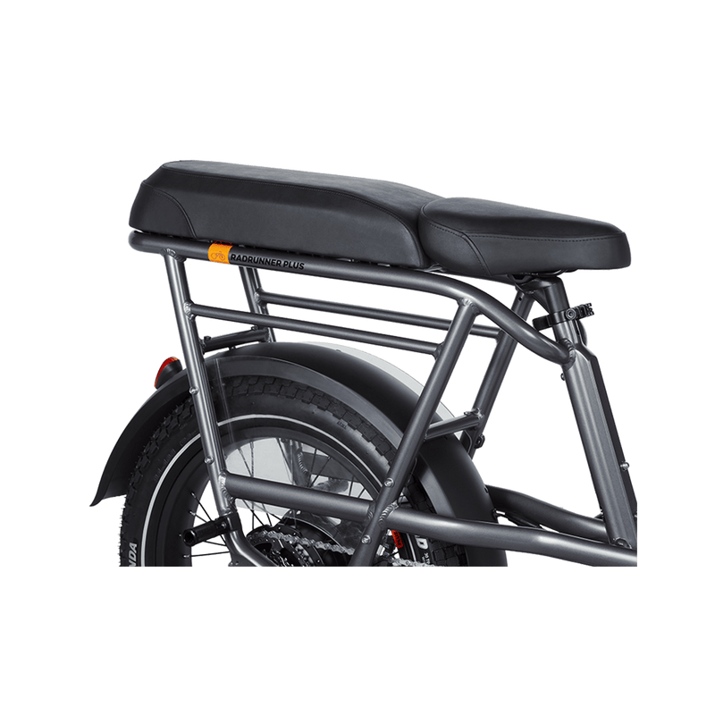 Black vinyl passenger seat on a RadRunner 3 Plus electric utility bike