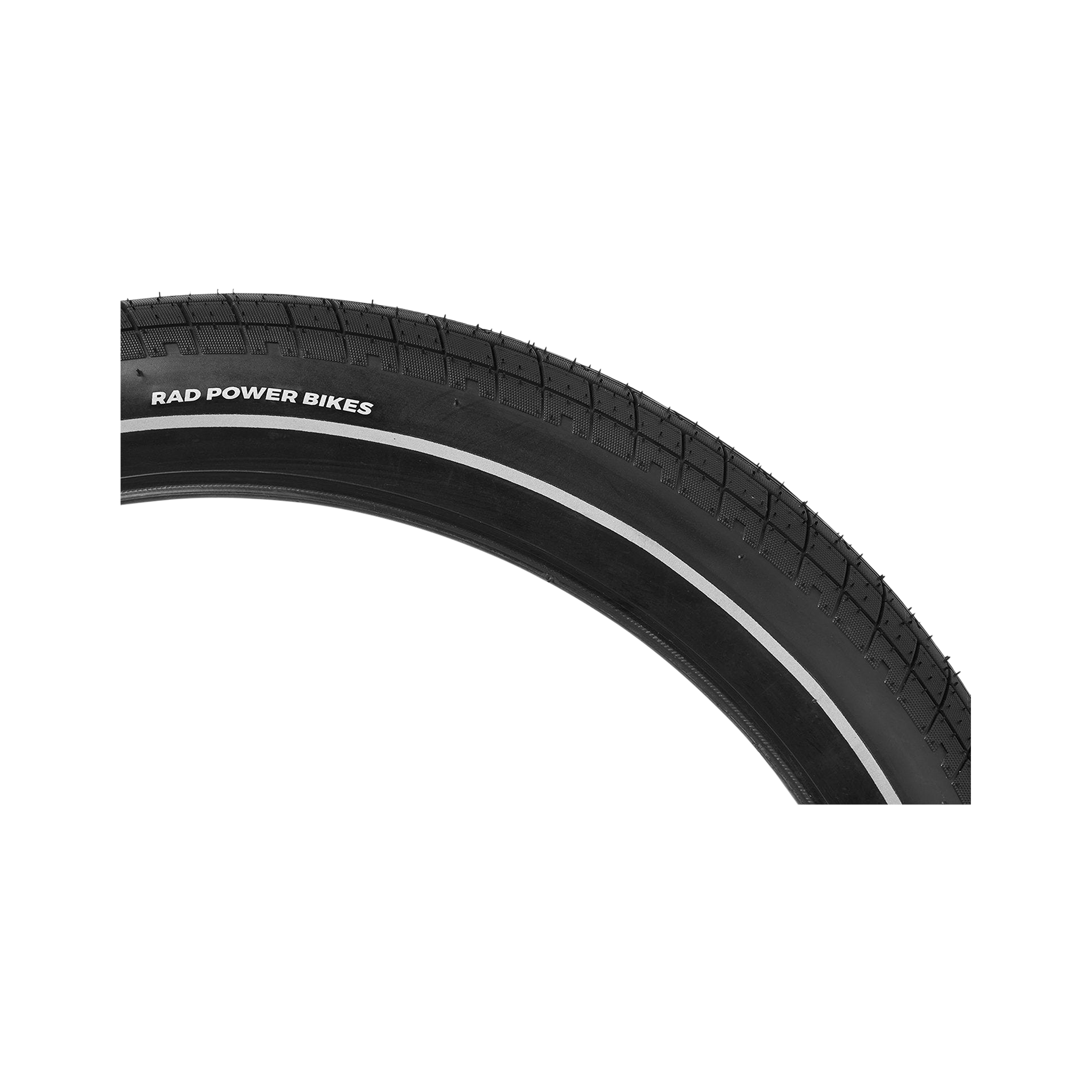 Close up of bike tire, showing reflective strip and Rad Power Bikes branding.