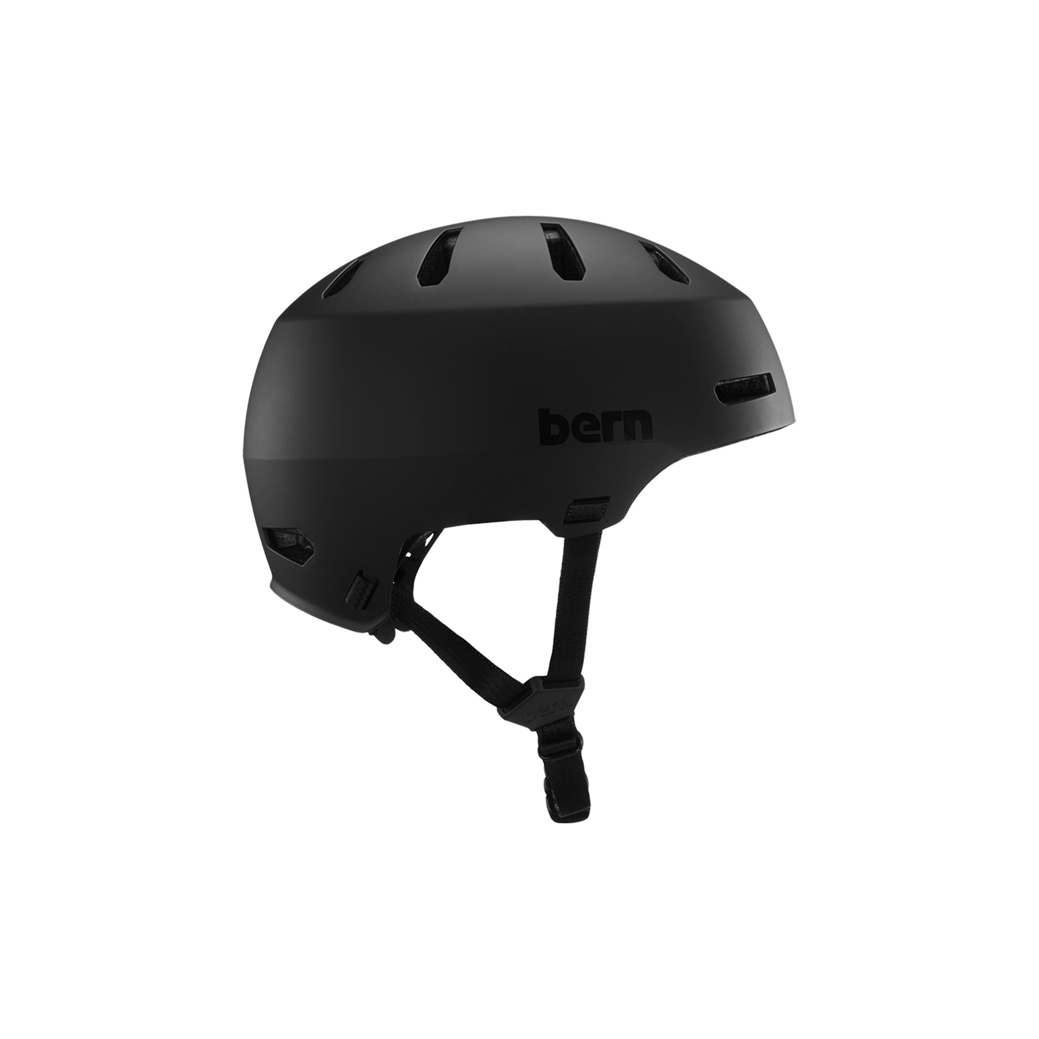 Side view of a matte black Bern Macon helmet