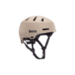 Angled front view of a matte sand Bern Macon helmet