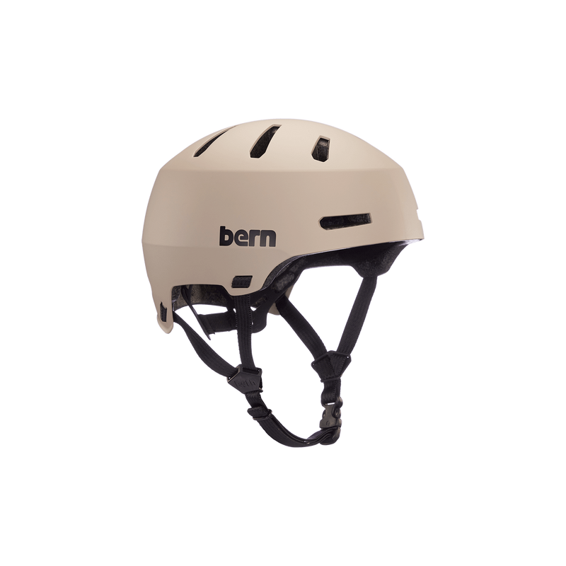 Angled front view of a matte sand Bern Macon helmet