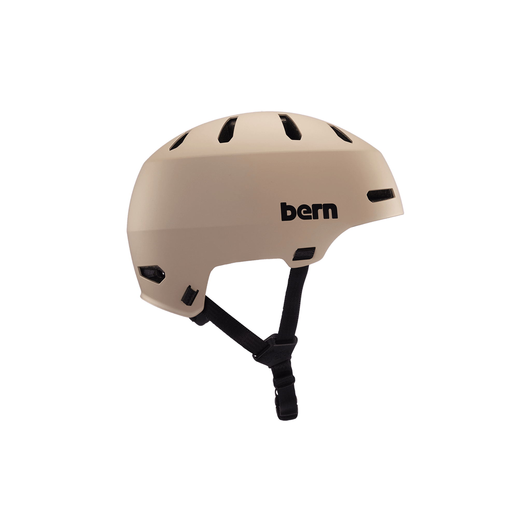 Side view of a matte sand Bern Macon helmet