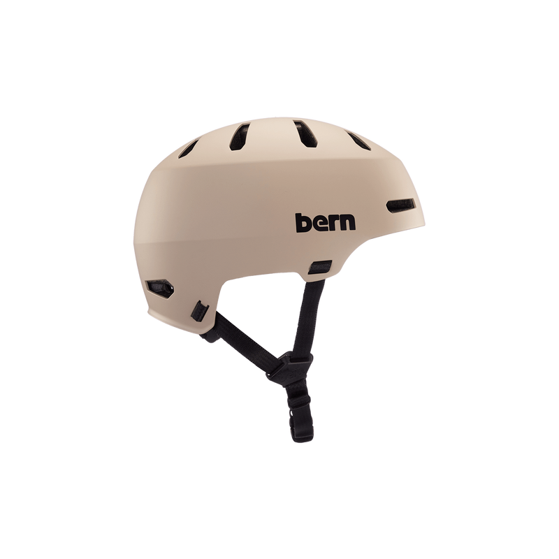 Side view of a matte sand Bern Macon helmet