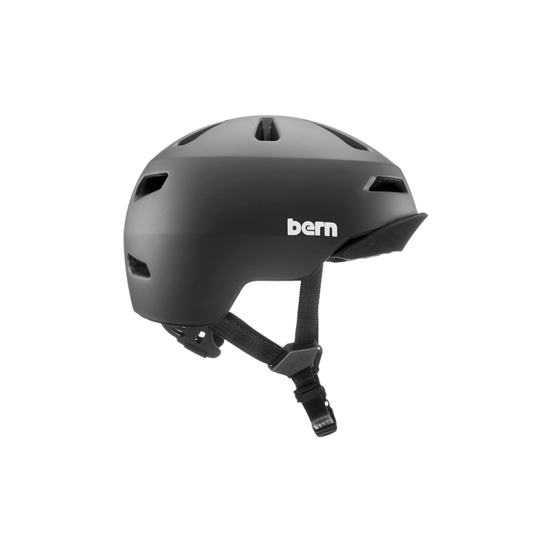 Side view of a black Bern kids' helmet