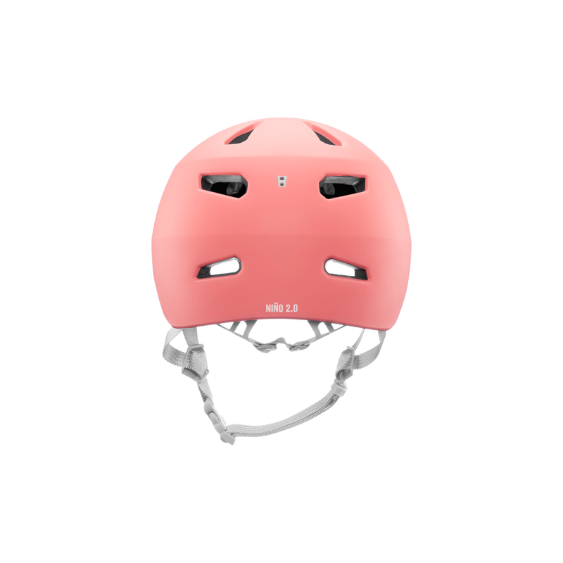 Back view of a pink Bern kids' helmet with a gray visor