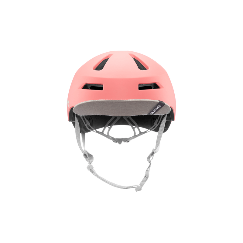 Front view of a pink Bern kids' helmet with a gray visor