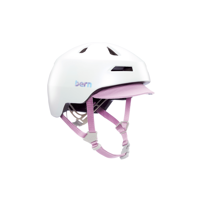 Angled shot of a white Bern kids' helmet with a pink visor