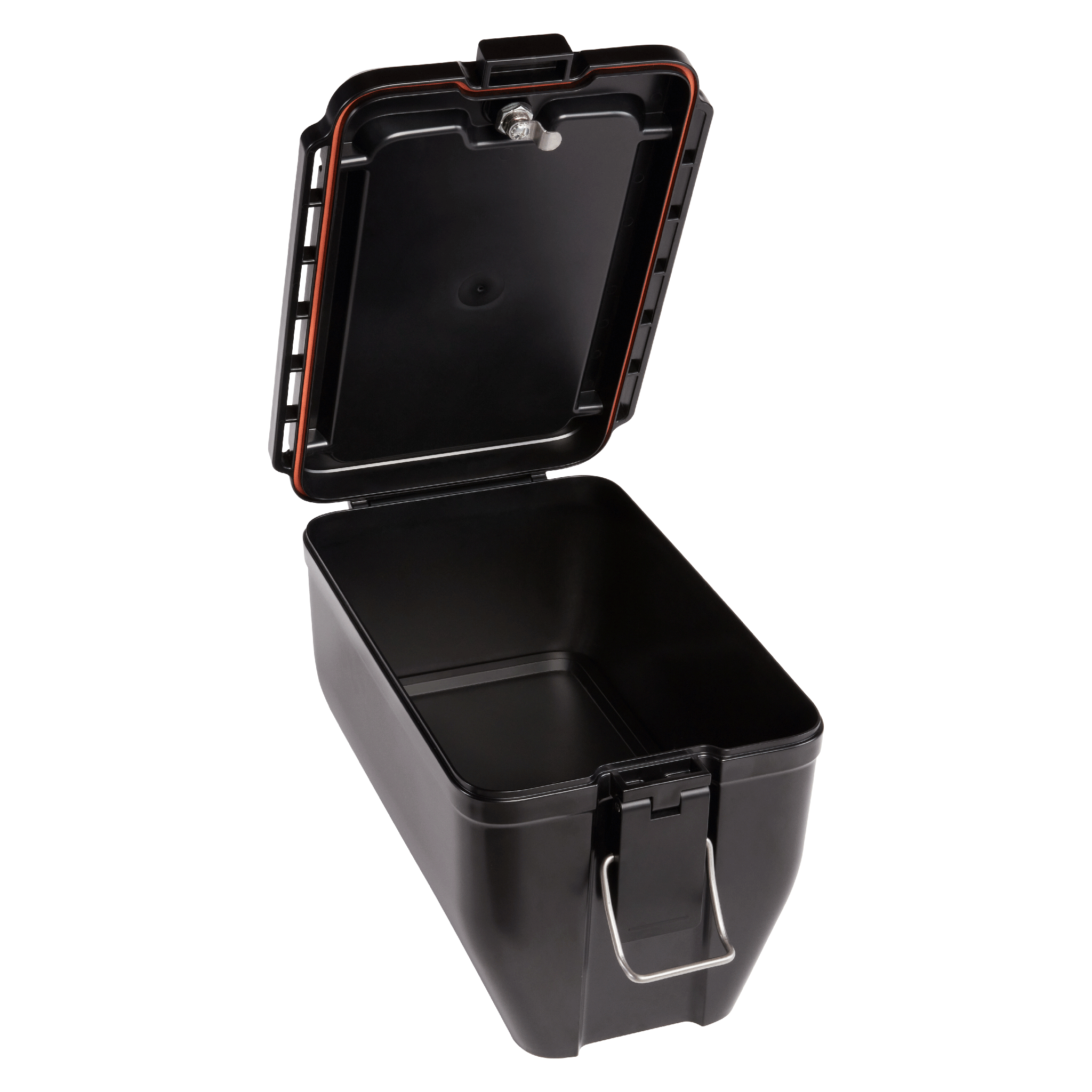 Hardshell Locking Box with the hinged lid open, showing the empty interior.