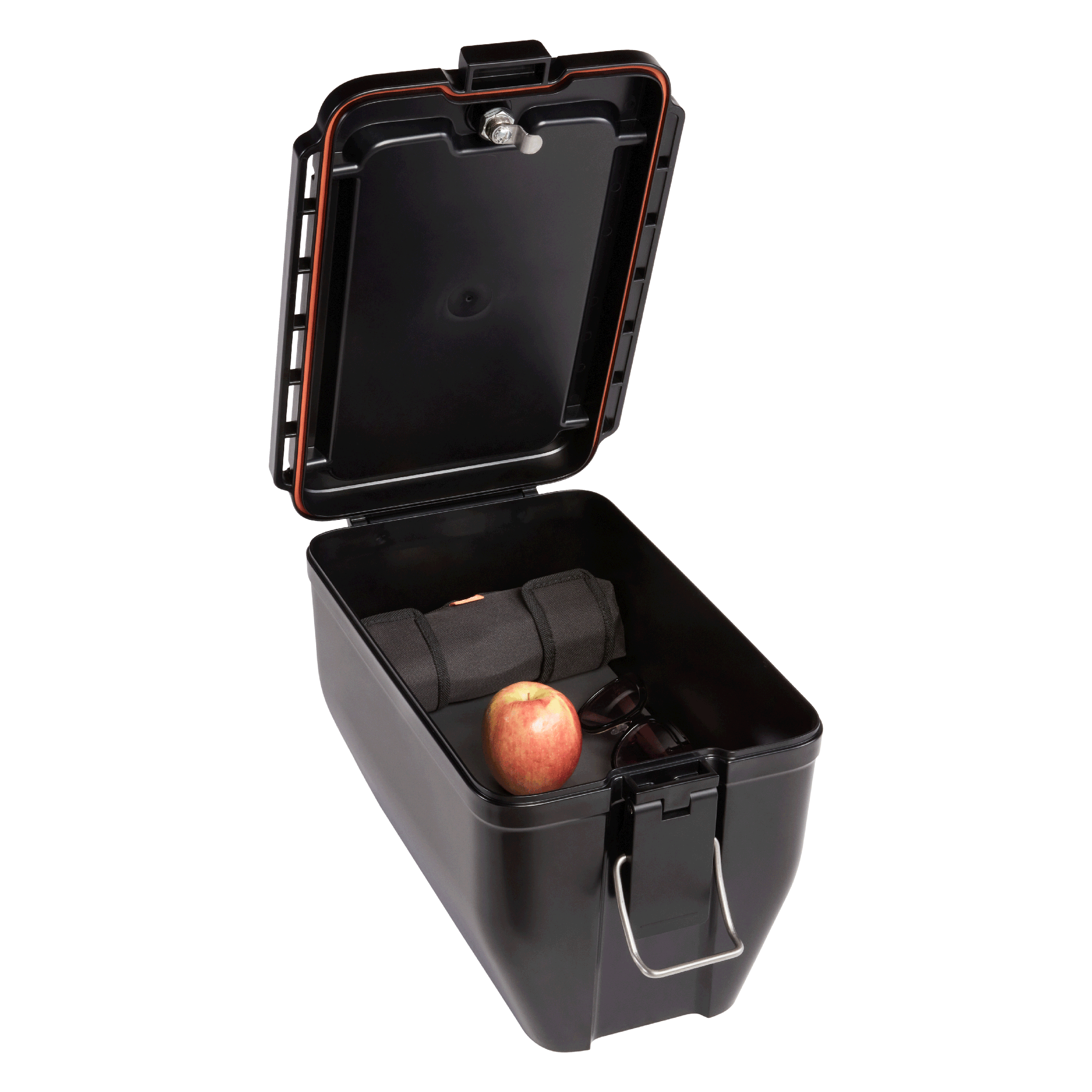 Hardshell Box containing a roadside repair kit, apply and sunglasses.