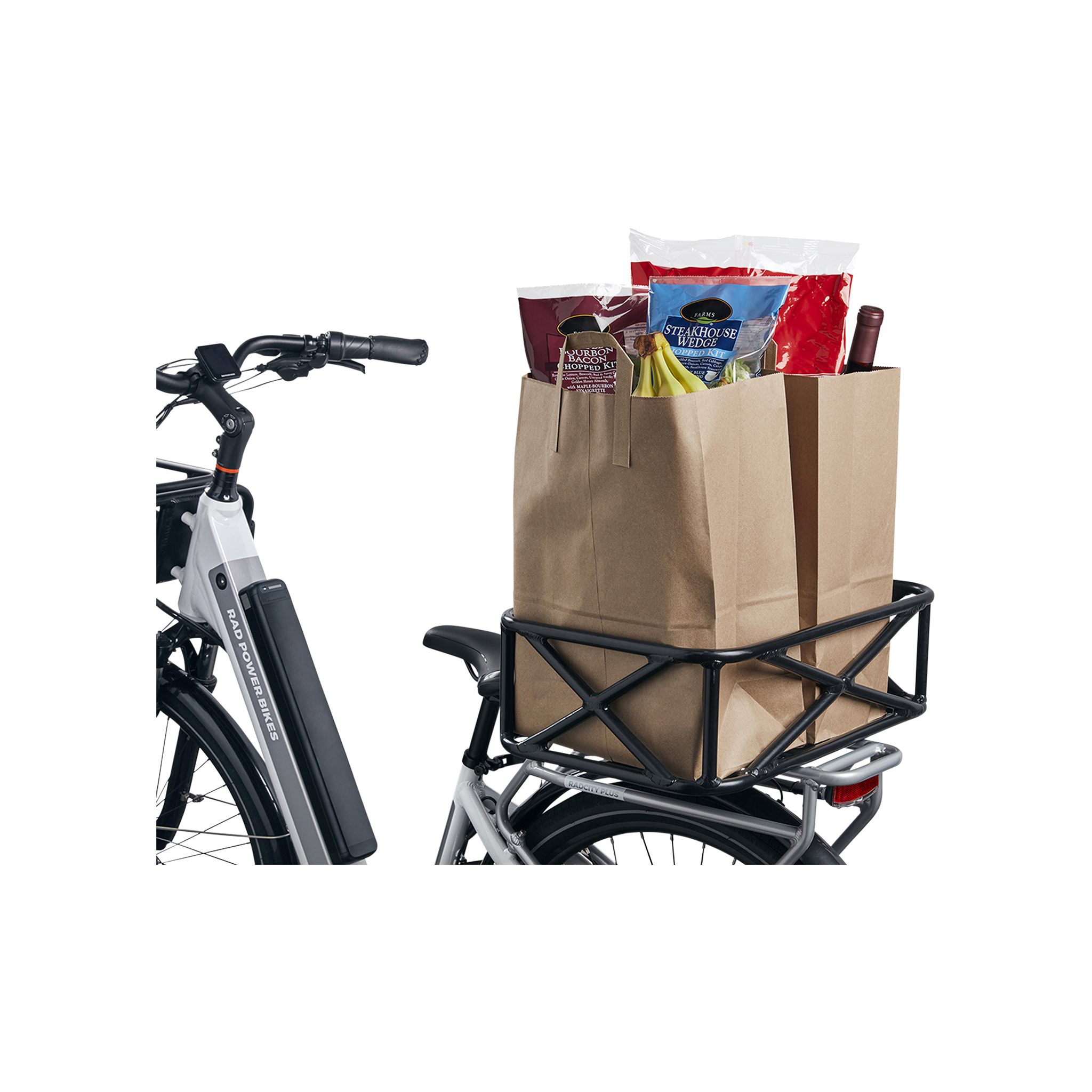 Top and side section view of Large Basket attached to the rear rack of a white ebike. The basket is perpendicular to the ebike and holds two fully-loaded large paper bags of groceries.