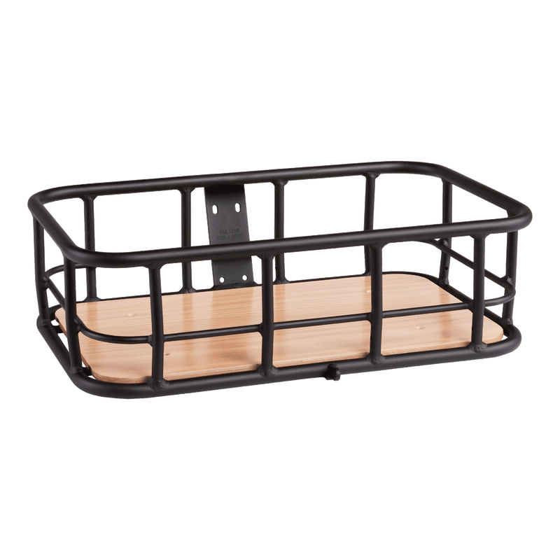 Large black basket with a wooden base