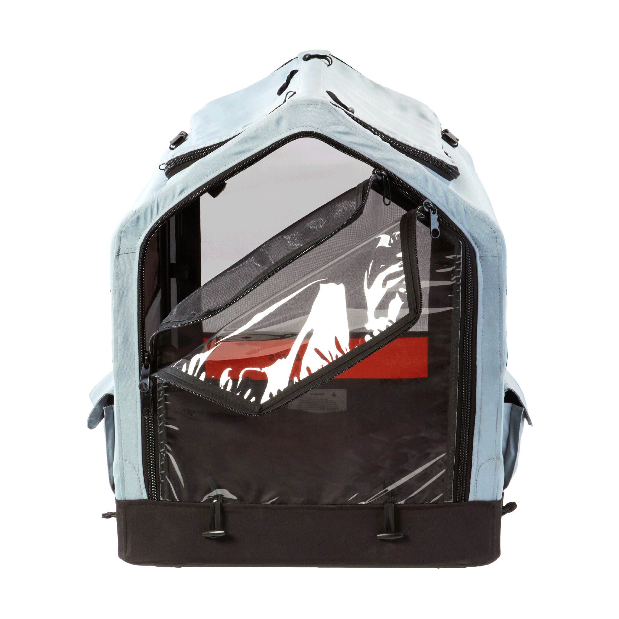 Front of the Rad Trailer Pet Insert, showing the clear front window and mesh window, both of which can be unzipped.