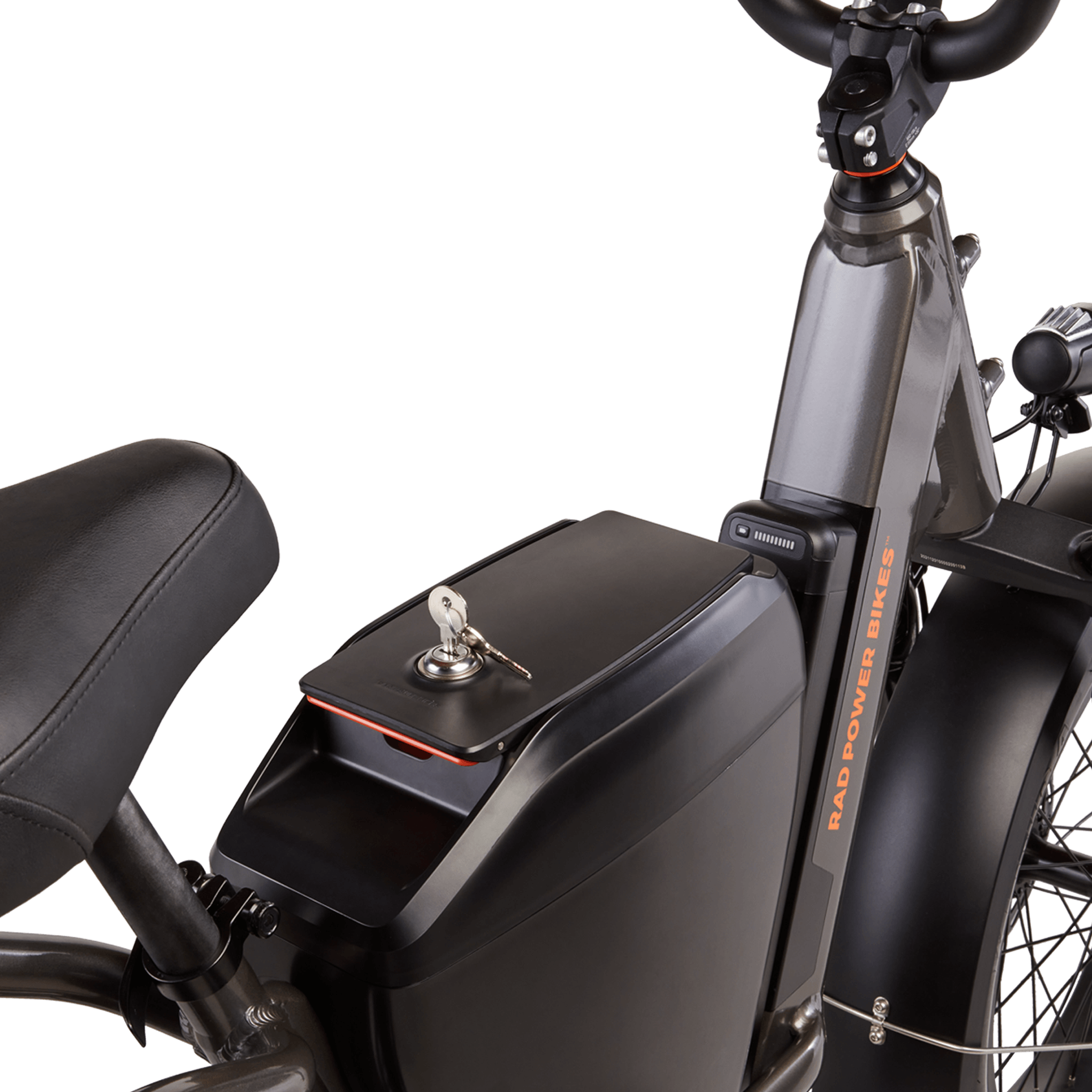 RadRunner 3 Console to carry small items shown installed on a RadRunner 3 Plus electric utility bike. 
