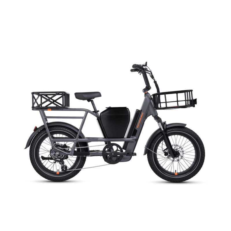 Side view of a RadRunner 3 Plus electric utility bike with a console, rear and front basket installed.