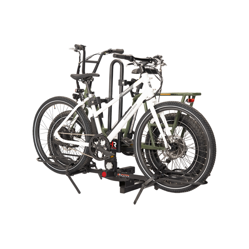 View of two ebikes on Hollywood Racks RV Rider Rack on plain background