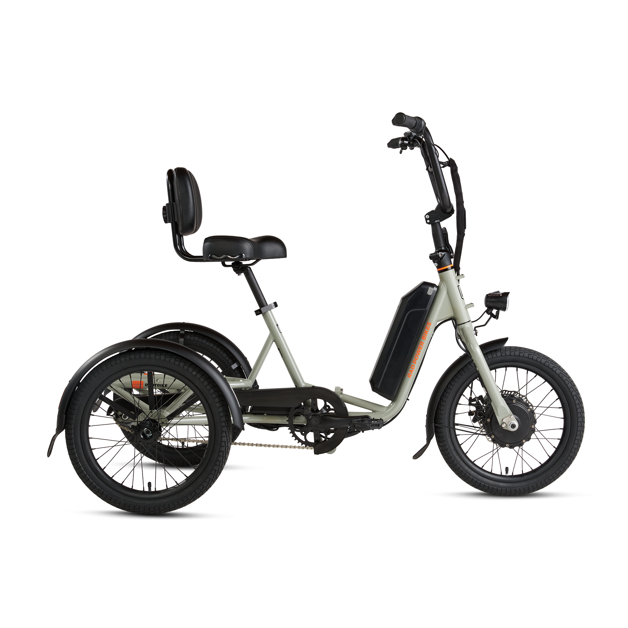 Side view of gray RadTrike electric tricycle with comfort saddle and adjustable handlebars.