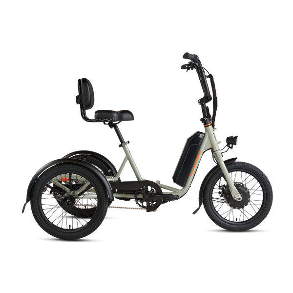 Side view of gray RadTrike electric tricycle with comfort saddle and adjustable handlebars.