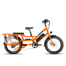 A side profile view of an orange RadWagon, with a black Deckpad cushion mounted on the rear rack