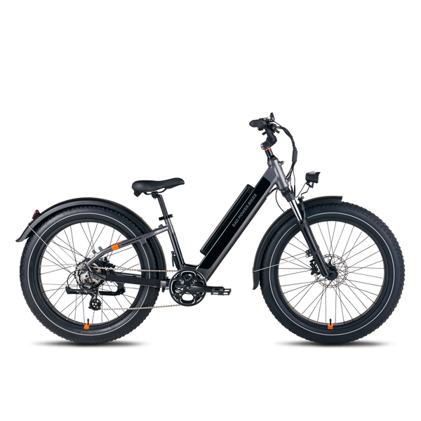 Side view of a charcoal RadRover 6 Plus step-thru electric fat tire bike