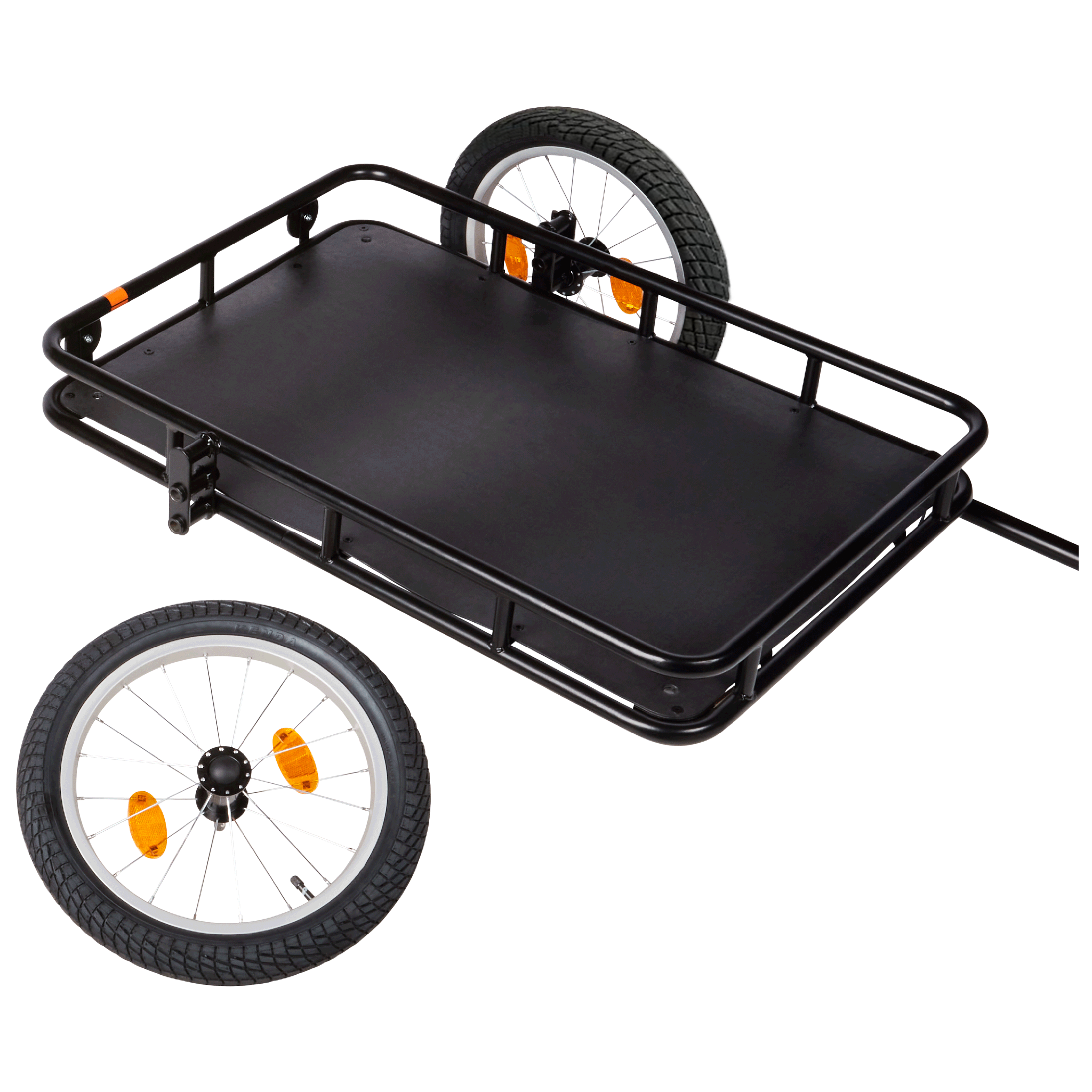 Rad Trailer with one wheel removed, showing how it easily packs down flat for storage when needed.