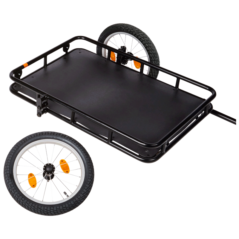 Rad Trailer with one wheel removed, showing how it easily packs down flat for storage when needed.