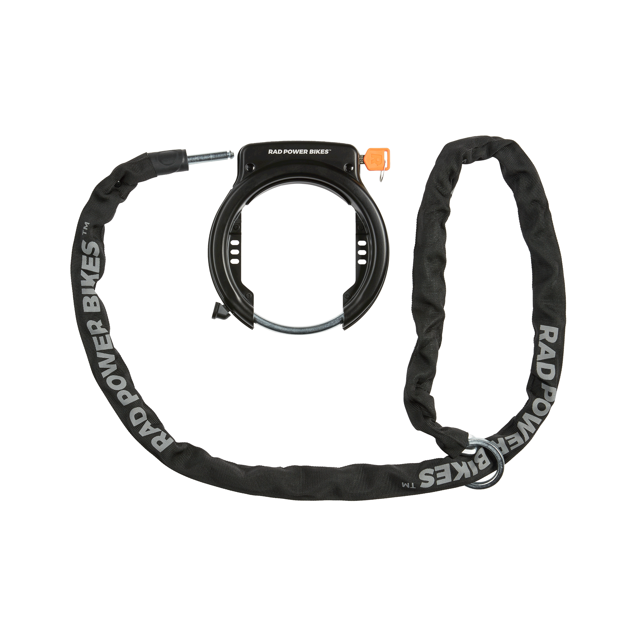 Rad fat tire wheel lock with the optional security chain attached