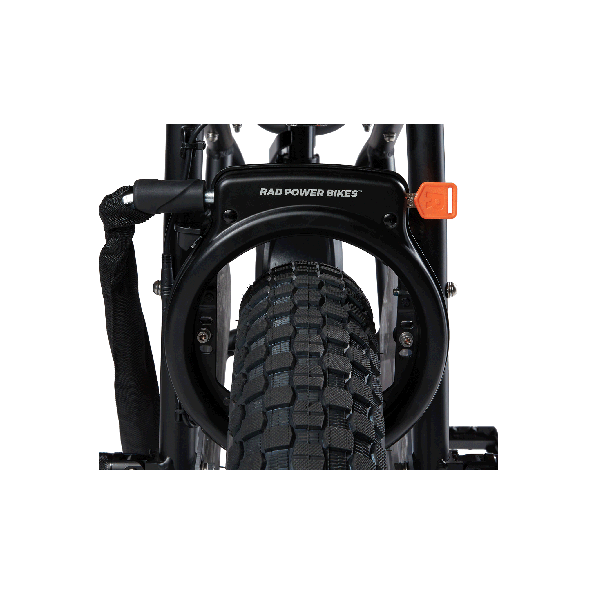 Rad Fat Tire Wheel Lock installed on an ebike, showing the orange key and with the optional security chain attached.
